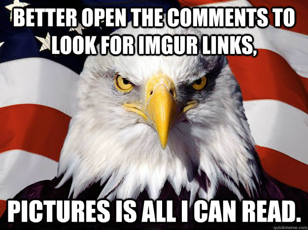 Better open the comments to look for imgur links, Pictures is all I can read.  One-up America