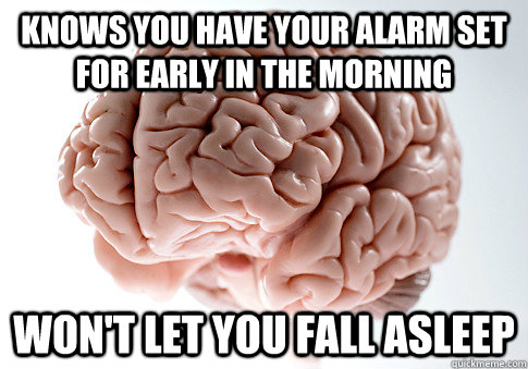 knows you have your alarm set for early in the morning won't let you fall asleep  Scumbag Brain