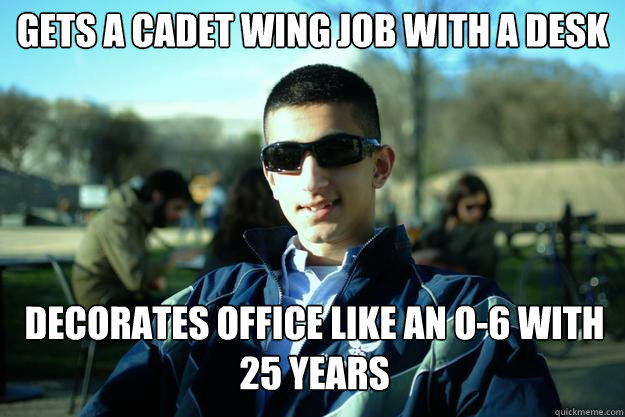 gets a cadet wing job with a desk decorates office like an O-6 with 25 years  Douchey AFROTC cadet