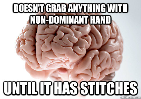 doesn't grab anything with non-dominant hand until it has stitches  Scumbag Brain