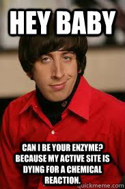 Hey Baby Can I be your enzyme? Because my active site is dying for a chemical reaction. - Hey Baby Can I be your enzyme? Because my active site is dying for a chemical reaction.  Howard Pick-Up Line