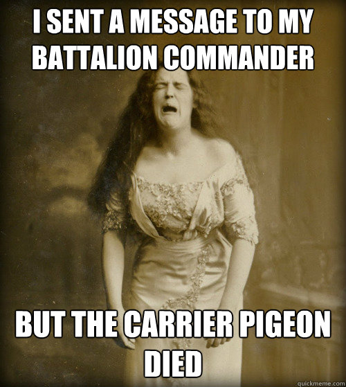I sent a message to my battalion commander but the carrier pigeon died - I sent a message to my battalion commander but the carrier pigeon died  1890s Problems