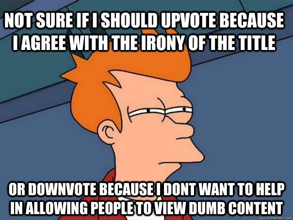 Not sure if i should upvote because i agree with the irony of the title or downvote because i dont want to help in allowing people to view dumb content - Not sure if i should upvote because i agree with the irony of the title or downvote because i dont want to help in allowing people to view dumb content  Futurama Fry