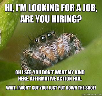 Hi, I'm looking for a job, are you hiring?  
wAIT, i won't sue you! just put down the shoe! oH i SEE, YOU DON'T WANT MY KIND HERE. affirmative action fail.  Misunderstood Spider
