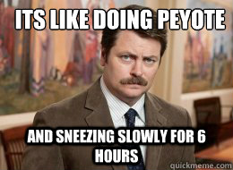 Its like doing peyote
 and sneezing slowly for 6 hours - Its like doing peyote
 and sneezing slowly for 6 hours  Ron Swanson