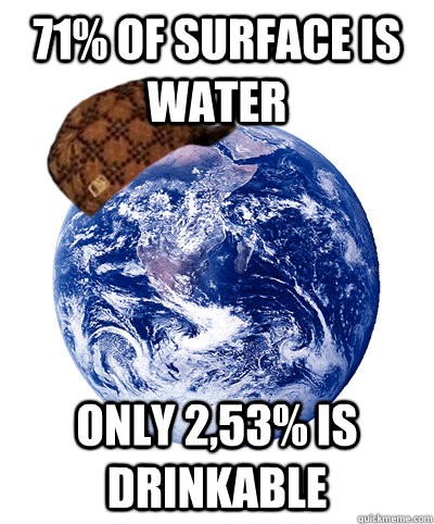 71% of surface is water only 2,53% is drinkable  Scumbag Earth