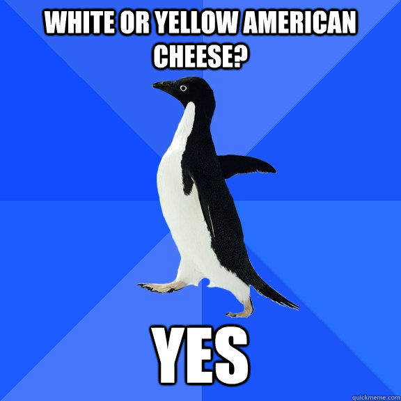 white or yellow american cheese? YES  Socially Awkward Penguin