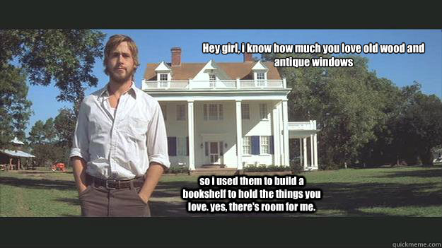 Hey girl, i know how much you love old wood and antique windows so i used them to build a bookshelf to hold the things you love. yes, there's room for me.  Ryan Gosling