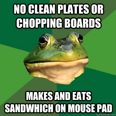 no clean plates or chopping boards makes and eats sandwhich on mouse pad  Foul Bachelor Frog