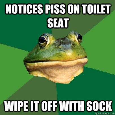 notices piss on toilet seat wipe it off with sock  Foul Bachelor Frog
