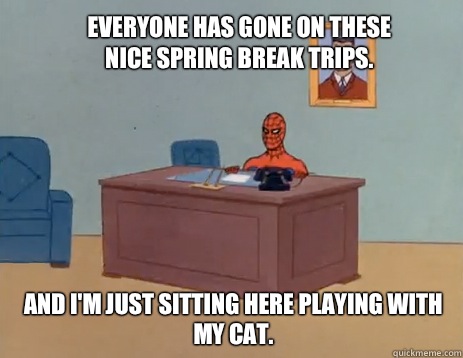 Everyone has gone on these nice spring break trips. And i'm just sitting here playing with my cat.  masturbating spiderman