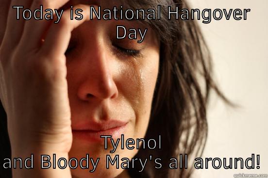 TODAY IS NATIONAL HANGOVER DAY TYLENOL AND BLOODY MARY'S ALL AROUND! First World Problems