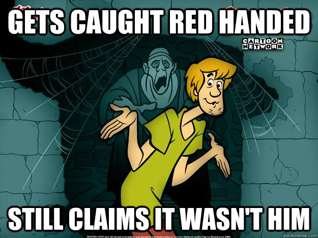 Gets caught red handed Still claims it wasn't him - Gets caught red handed Still claims it wasn't him  Irrational Shaggy