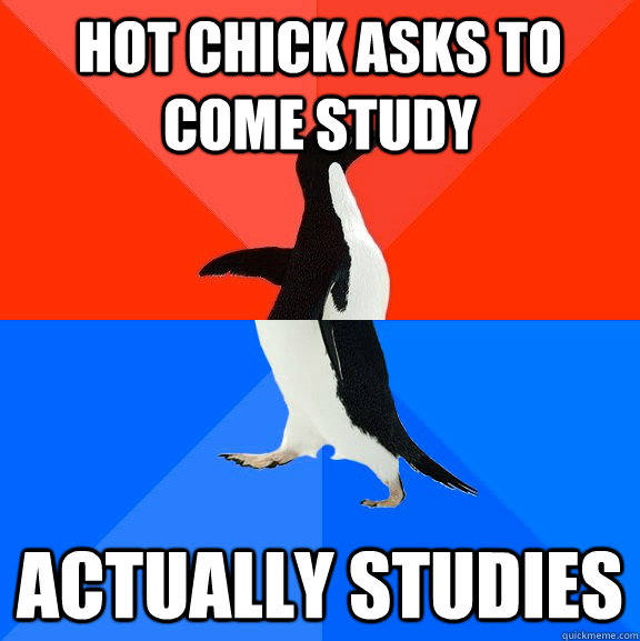 hot chick asks to come study ACTUALLY STUDIES  Socially Awesome Awkward Penguin