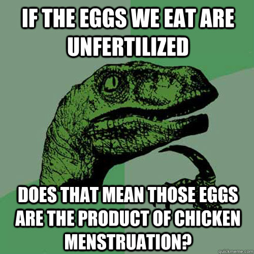 if the eggs we eat are unfertilized does that mean those eggs are the product of chicken menstruation? - if the eggs we eat are unfertilized does that mean those eggs are the product of chicken menstruation?  Philosoraptor