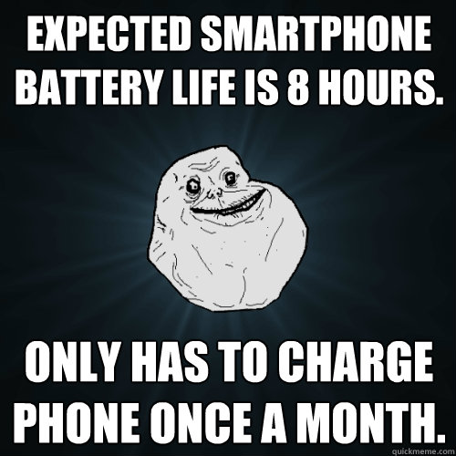 Expected smartphone battery life is 8 hours. only has to charge phone once a month.  Forever Alone