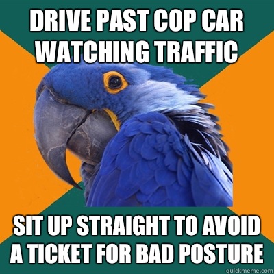 Drive past cop car watching traffic Sit up straight to avoid a ticket for bad posture  Paranoid Parrot