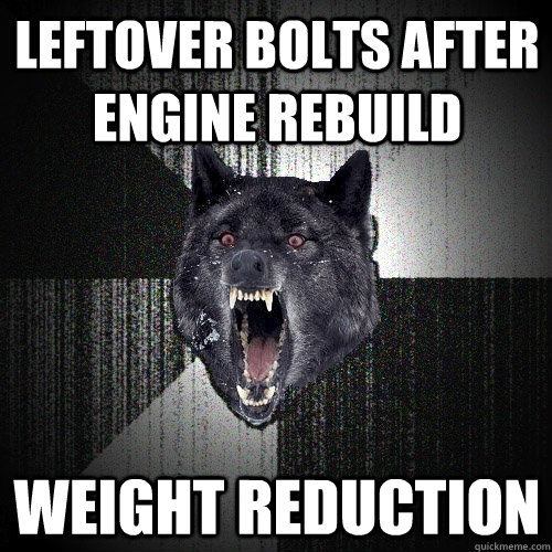 Leftover bolts after engine rebuild Weight reduction  Insanity Wolf
