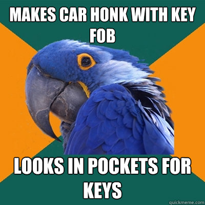 Makes car honk with key fob Looks in pockets for keys  Paranoid Parrot