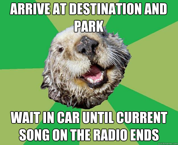 Arrive at destination and park Wait in car until current song on the radio ends  OCD Otter