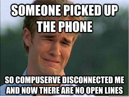 Someone picked up the phone so CompuServe disconnected me and now there are no open lines - Someone picked up the phone so CompuServe disconnected me and now there are no open lines  Misc