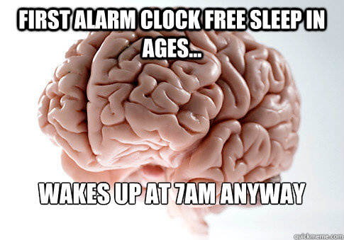 First alarm clock free sleep in ages... Wakes up at 7am anyway - First alarm clock free sleep in ages... Wakes up at 7am anyway  Scumbag Brain