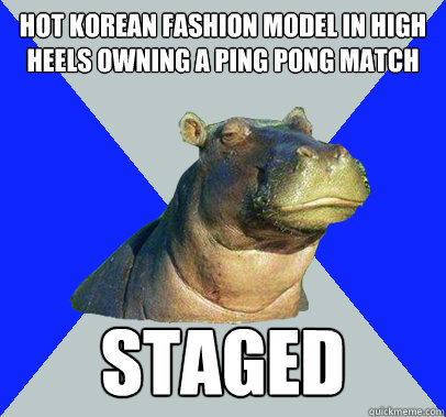 Hot korean fashion model in high heels owning a ping pong match staged  Skeptical Hippo
