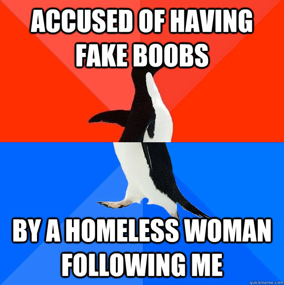 accused of having fake boobs by a homeless woman following me  Socially Awesome Awkward Penguin