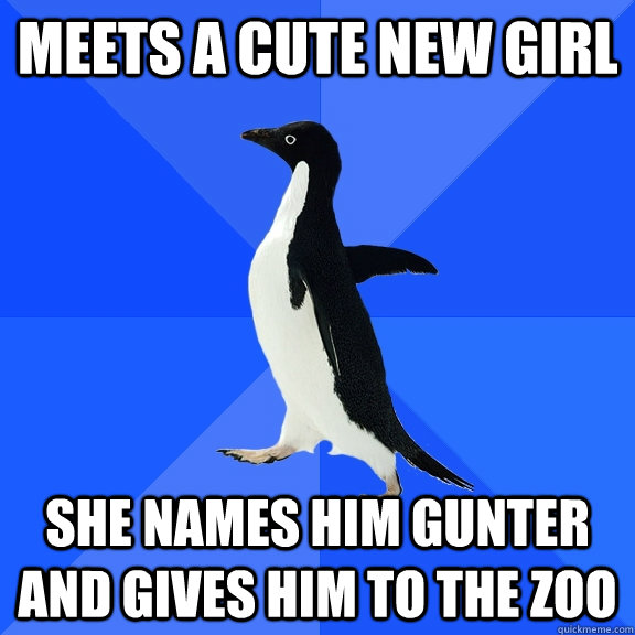 meets a cute new girl she names him gunter and gives him to the zoo  Socially Awkward Penguin