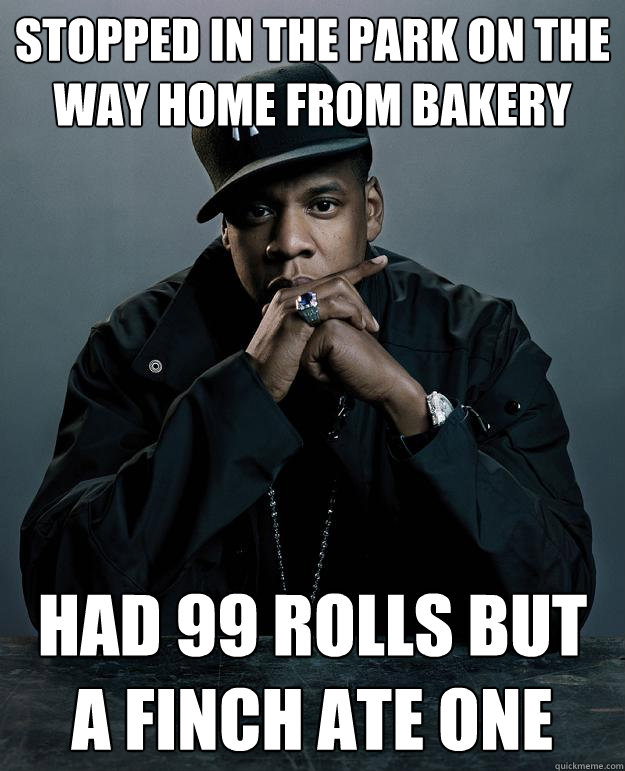 Stopped in the park on the way home from bakery Had 99 rolls but a finch ate one  Jay Z Problems