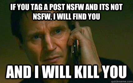 If you tag a post NSFW and its not NSFW, I will find you  And i will kill you  - If you tag a post NSFW and its not NSFW, I will find you  And i will kill you   Angry Liam Neeson