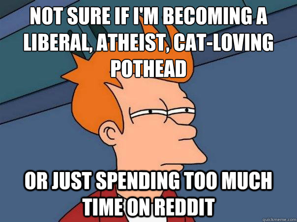 Not sure if I'm becoming a liberal, atheist, cat-loving pothead Or just spending too much time on Reddit  Futurama Fry