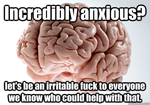 Incredibly anxious? let's be an irritable fuck to everyone we know who could help with that.  Scumbag Brain