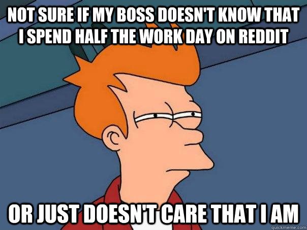 Not sure if my boss doesn't know that I spend half the work day on reddit Or just doesn't care that I am - Not sure if my boss doesn't know that I spend half the work day on reddit Or just doesn't care that I am  Futurama Fry
