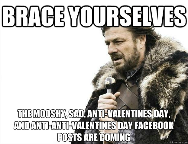 Brace yourselves The mooshy, sad, anti-valentines day,
and anti-anti-valentines day facebook posts are coming - Brace yourselves The mooshy, sad, anti-valentines day,
and anti-anti-valentines day facebook posts are coming  BRACEYOSELVES