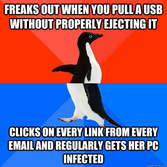 FREAKS OUT WHEN YOU PULL A USB WITHOUT PROPERLY EJECTING IT CLICKS ON EVERY LINK FROM EVERY EMAIL AND REGULARLY GETS HER PC INFECTED  Socially Awesome Awkward Penguin