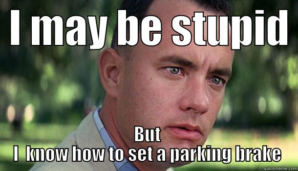  I MAY BE STUPID  BUT I  KNOW HOW TO SET A PARKING BRAKE Offensive Forrest Gump