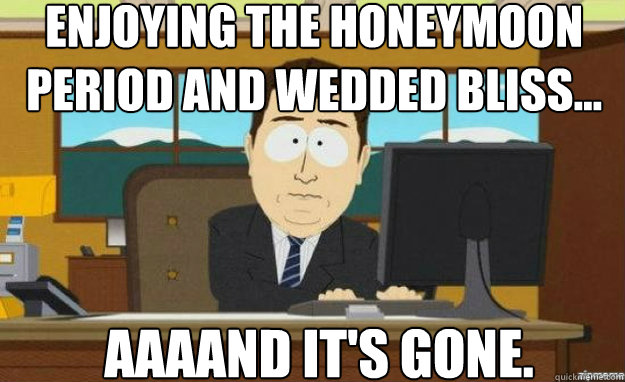 ENJOYING THE HONEYMOON PERIOD AND WEDDED BLISS... AAAAND IT'S GONE.  aaaand its gone
