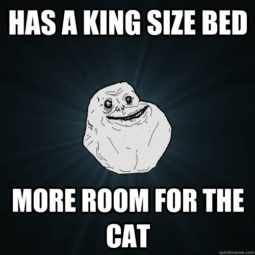 Has a king size bed more room for the cat  Forever Alone