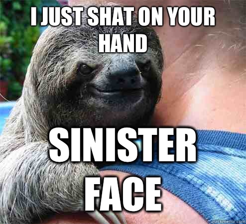 I just shat on your hand SINISTER FACE  Suspiciously Evil Sloth