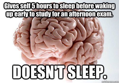 Gives self 5 hours to sleep before waking up early to study for an afternoon exam. DOESN'T SLEEP.  - Gives self 5 hours to sleep before waking up early to study for an afternoon exam. DOESN'T SLEEP.   Scumbag Brain