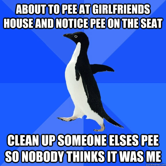 about to pee at girlfriends house and notice pee on the seat Clean up someone elses pee so nobody thinks it was me  Socially Awkward Penguin