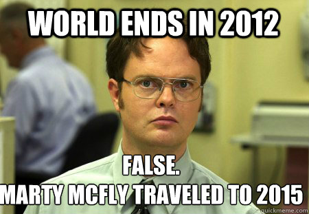 world ends in 2012 False.
marty mcfly traveled to 2015 - world ends in 2012 False.
marty mcfly traveled to 2015  Schrute