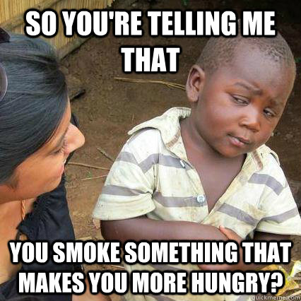 So you're telling me that You smoke something that makes you more hungry? - So you're telling me that You smoke something that makes you more hungry?  3rd world sceptical kid