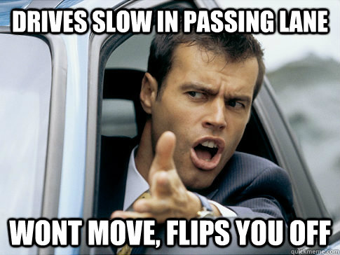 drives SLOW in passing lane WONT MOVE, FLIPS YOU OFF  Asshole driver