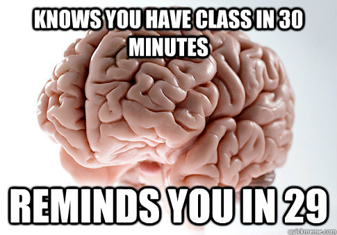KNOWS YOU HAVE CLASS IN 30 MINUTES REMINDS YOU IN 29  Scumbag Brain