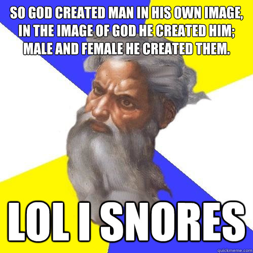 So God created man in his own image, in the image of God he created him; male and female he created them. lol i snores  Advice God