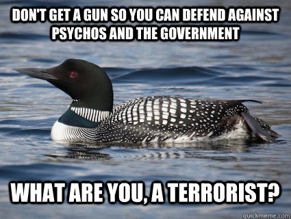 don't get a gun so you can defend against psychos and the government What are you, a terrorist?  