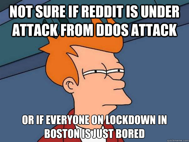 Not sure if reddit is under attack from DDoS attack or if everyone on lockdown in boston is just bored  Futurama Fry