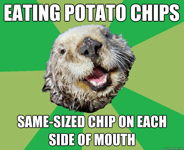 Eating Potato Chips Same-sized chip on each side of mouth  OCD Otter